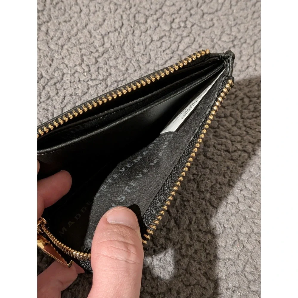 Steve Madden Card Holder / Wallet, Zip Around Coin Purse - Black & Gold